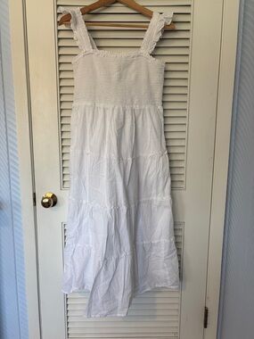 J. Crew White Textured Dress with Smocked Bodice